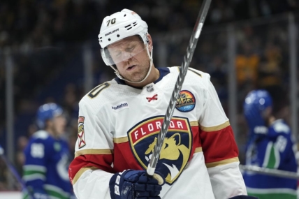 Dec 1, 2022; Vancouver, British Columbia, CAN; Florida Panthers right wing Patric Hornqvist (70) reacts during the second period against the Vancouver Canucks at Rogers Arena. Mandatory Credit: Bob Frid-USA TODAY Sports