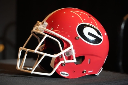 Jan 8, 2023; Los Angeles, CA, USA; A Georgia Bulldogs helmet at the 2023 CFP National Championship head coaches press conference at the Los Angeles Airport Marriott. Mandatory Credit: Kirby Lee-USA TODAY Sports