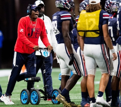 Deion Sanders coaches during the 2021 Celebration Bowl. Sanders required a scooter following blood clot issues that ultimately led to the amputation of some toes.

Syndication The Clarion Ledger