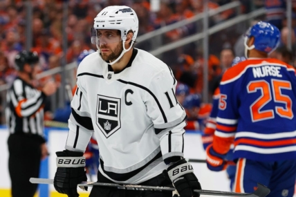 Apr 25, 2023; Edmonton, Alberta, CAN; Los Angeles Kings forward Anze Kopitar (11) skates against the Edmonton Oilers in game five of the first round of the 2023 Stanley Cup Playoffs at Rogers Place. Mandatory Credit: Perry Nelson-USA TODAY Sports