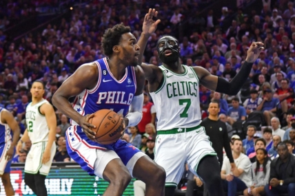 May 7, 2023; Philadelphia, Pennsylvania, USA; Philadelphia 76ers forward Paul Reed (44) drives to the basket against Boston Celtics guard Jaylen Brown (7) during game four of the 2023 NBA playoffs at Wells Fargo Center. Mandatory Credit: Eric Hartline-USA TODAY Sports