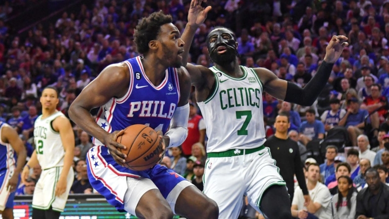 May 7, 2023; Philadelphia, Pennsylvania, USA; Philadelphia 76ers forward Paul Reed (44) drives to the basket against Boston Celtics guard Jaylen Brown (7) during game four of the 2023 NBA playoffs at Wells Fargo Center. Mandatory Credit: Eric Hartline-USA TODAY Sports