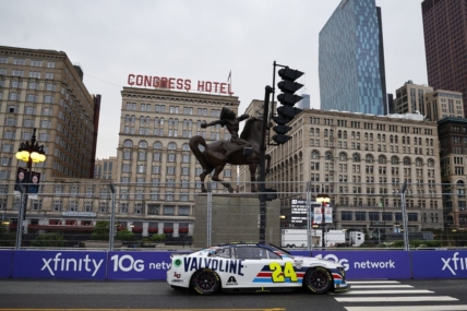 Jul 2, 2023; Chicago, Illinois, USA; NASCAR Cup Series driver William Byron (24) races along Grant Park during the Grant Park 220 of the Chicago Street Race at Chicago Street Race. Mandatory Credit: Mike Dinovo-USA TODAY Sports