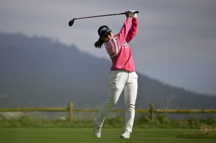 Jul 8, 2023; Pebble Beach, California, USA; Nasa Hataoka tees off on the 18th hole during the third round of the U.S. Women's Open golf tournament at Pebble Beach Golf Links. Mandatory Credit: Kelvin Kuo-USA TODAY Sports