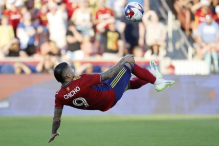 Jul 8, 2023; Sandy, Utah, USA; Real Salt Lake forward Chicho Arango (9) looks to shoot against the Orlando City in the first half at America First Field. Mandatory Credit: Jeff Swinger-USA TODAY Sports