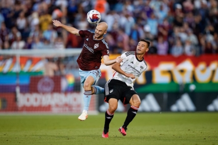 Jul 8, 2023; Commerce City, Colorado, USA; Colorado Rapids defender Andrew Gutman (13) and FC Dallas defender Sam Junqua (29) battle for the ball in the first half at Dick's Sporting Goods Park. Mandatory Credit: Isaiah J. Downing-USA TODAY Sports