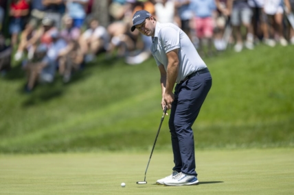 Jul 9, 2023; Silvis, Illinois, USA; Sepp Straka hits a long putt on the 9th hole during the final round of the John Deere Classic golf tournament. Mandatory Credit: Marc Lebryk-USA TODAY Sports