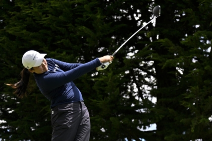 Jul 9, 2023; Pebble Beach, California, USA; Allisen Corpuz tees off on the third hole during the final round of the U.S. Women's Open golf tournament at Pebble Beach Golf Links. Mandatory Credit: Kelvin Kuo-USA TODAY Sports
