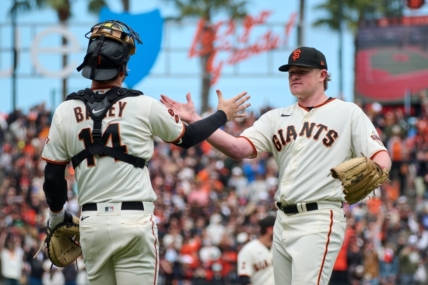 Jul 9, 2023; San Francisco, California, USA; San Francisco Giants pitcher Logan Webb (62) shakes hands with catcher Patrick Bailey (14) after the final out of the ninth inning against the Colorado Rockies at Oracle Park. Mandatory Credit: Robert Edwards-USA TODAY Sports