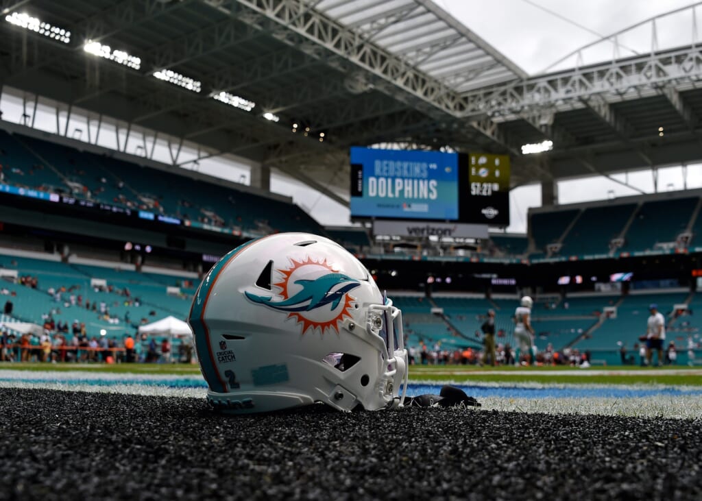 Dolphins helmet on field before game